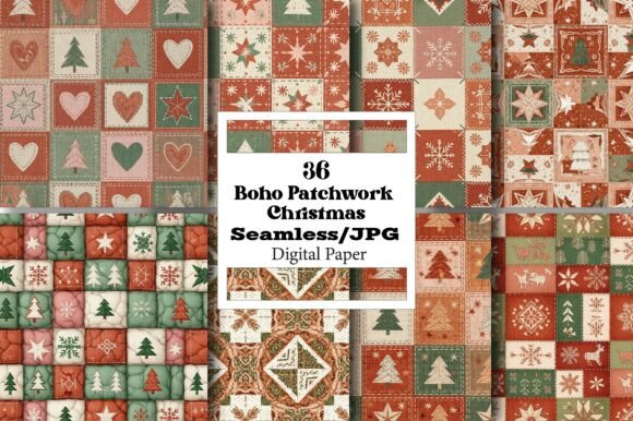 Boho Patchwork Christmas Digital Papers