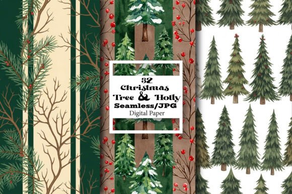 Christmas Tree Holly Seamless Pattern